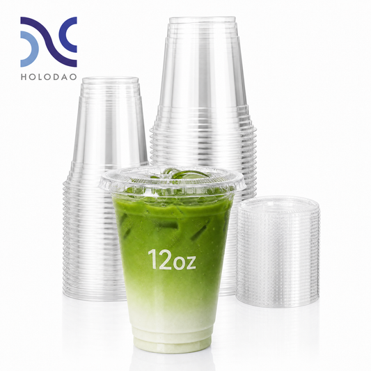 12oz Clear Plastic Cups With Lids, Disposable Iced Coffee Cups with Flat Lids