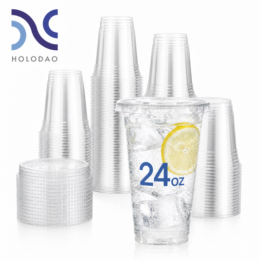 24oz Clear Plastic Cups With Lids, Disposable Iced Coffee Cups with Flat Lids