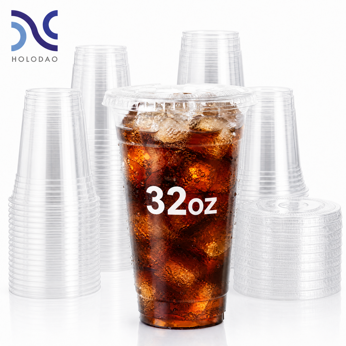 32oz Clear Plastic Cups With Lids, Disposable Iced Coffee Cups with Flat Lids
