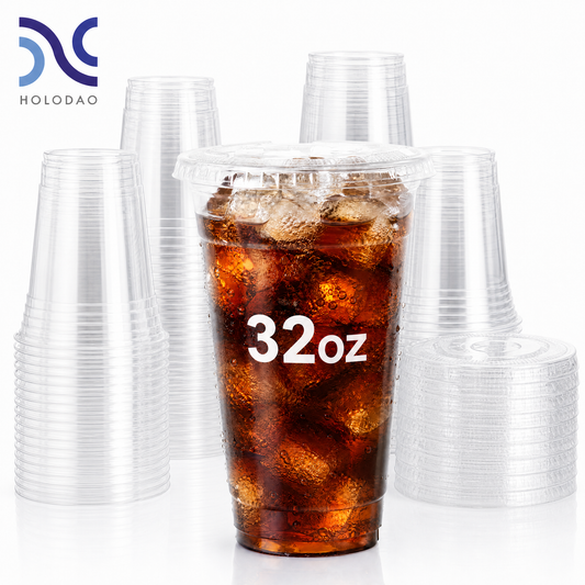 32oz Clear Plastic Cups With Lids, Disposable Iced Coffee Cups with Flat Lids